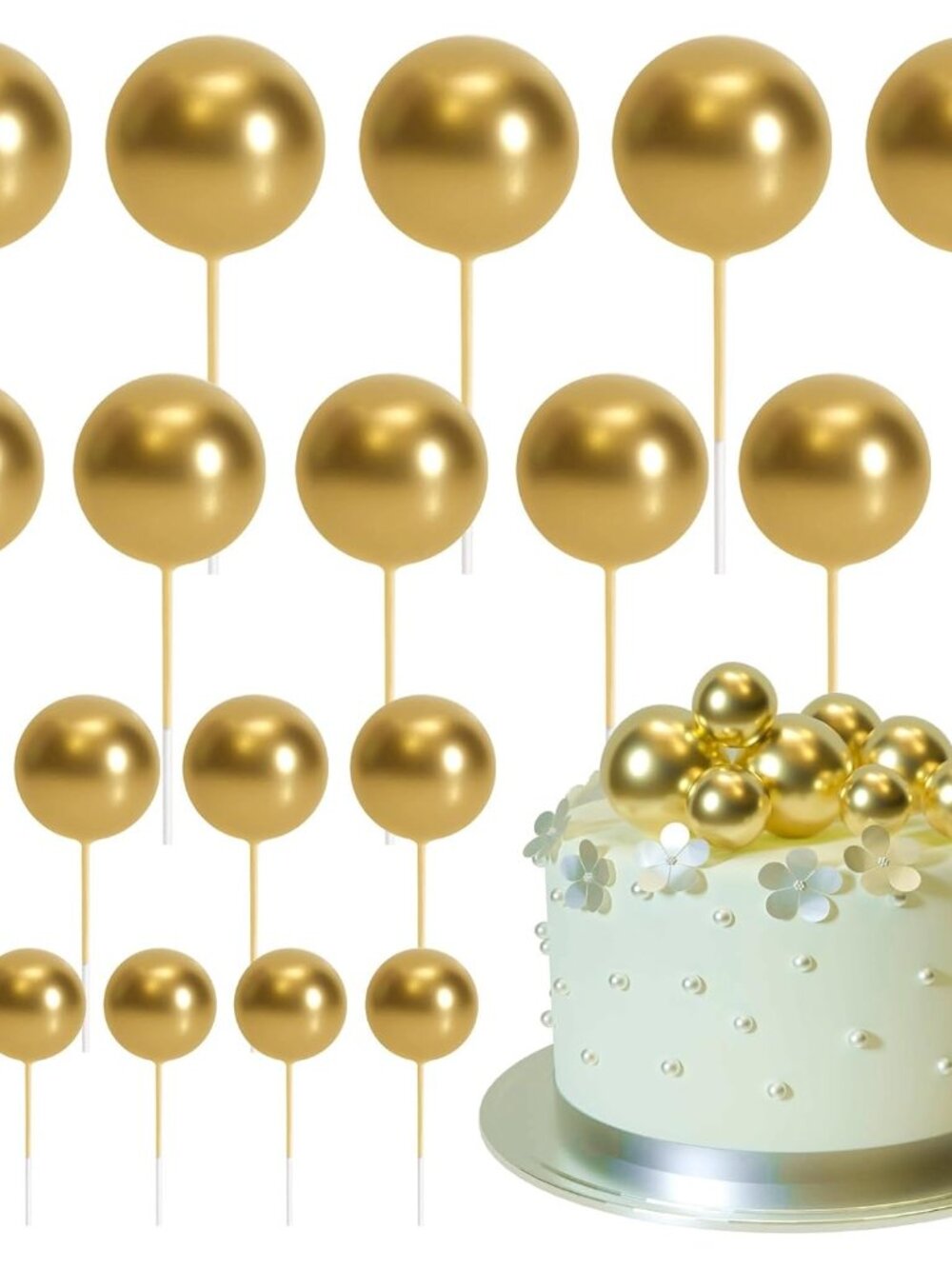 20 Pcs Gold Balls Cake Topper Decorations for Birthday Cake Decor